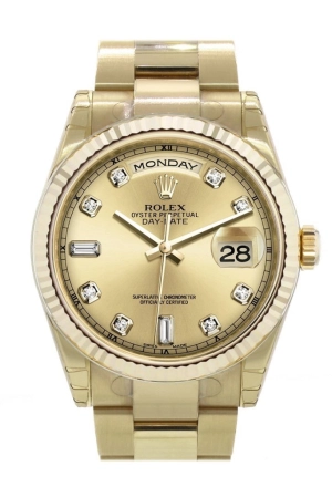 Rolex Day-Date 36 Champagne diamonds Dial Fluted Bezel Yellow Gold Watch 118238