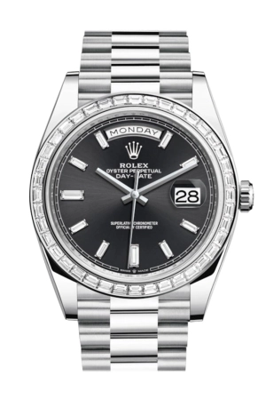 Rolex Day-Date 40 Black Baguette Diamond Dial 40 Baguette Diamond Bezel Platinum President Automatic Men's Watch 228396TBR 228396