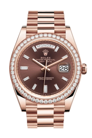 Rolex Day-Date 40 Chocolate 10 Baguette-cut Diamonds  Dial Diamond Bezel 18K Everose gold President Automatic Men's Watch 228345RBR 228345