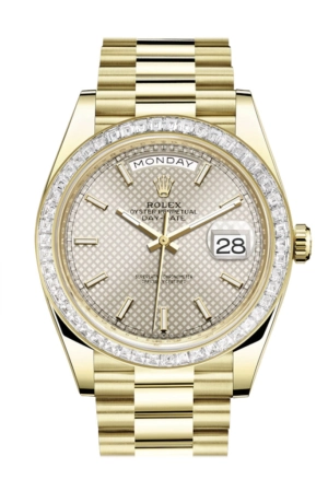 Rolex Day-Date 40 Silver Motif Dial 40 Baguette Diamond Bezel 18K Yellow Gold President Automatic Men's Watch 228398TBR  228398