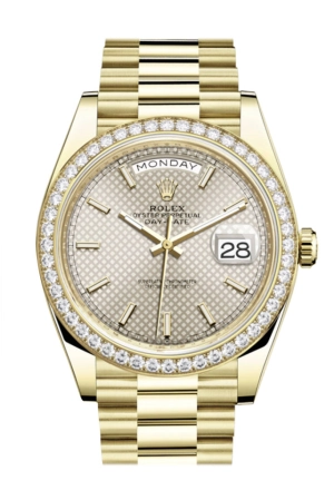 Rolex Day-Date 40 Silver Motif Dial Diamond Bezel 18K Yellow Gold President Men's Watch 228348RBR DC