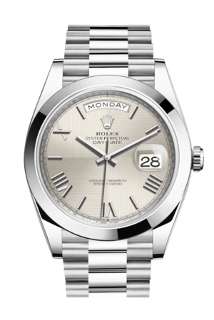 Rolex Day-Date 40 Silver Quadrant Motif Roman Dial Dome Bezel Platinum President Automatic Men's Watch 228206 DC