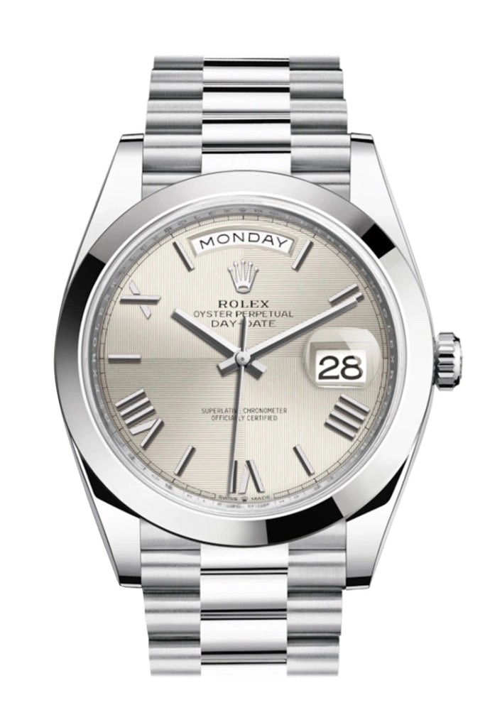 Rolex Day-Date 40 Silver Quadrant Motif Roman Dial Dome Bezel Platinum President Automatic Men's Watch 228206 DC