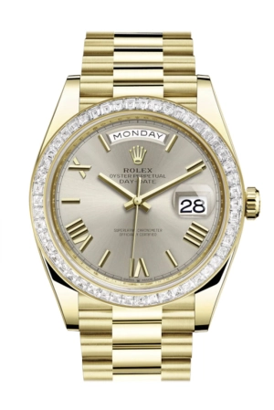 Rolex Day-Date 40 Silver Roman Dial 40 Baguette Diamond Bezel 18K Yellow Gold President Automatic Men's Watch 228398TBR  228398