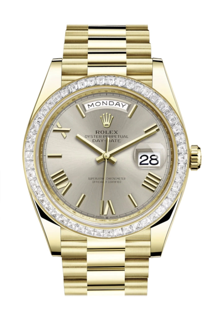 Rolex Day-Date 40 Silver Roman Dial 40 Baguette Diamond Bezel 18K Yellow Gold President Automatic Men's Watch 228398TBR  228398