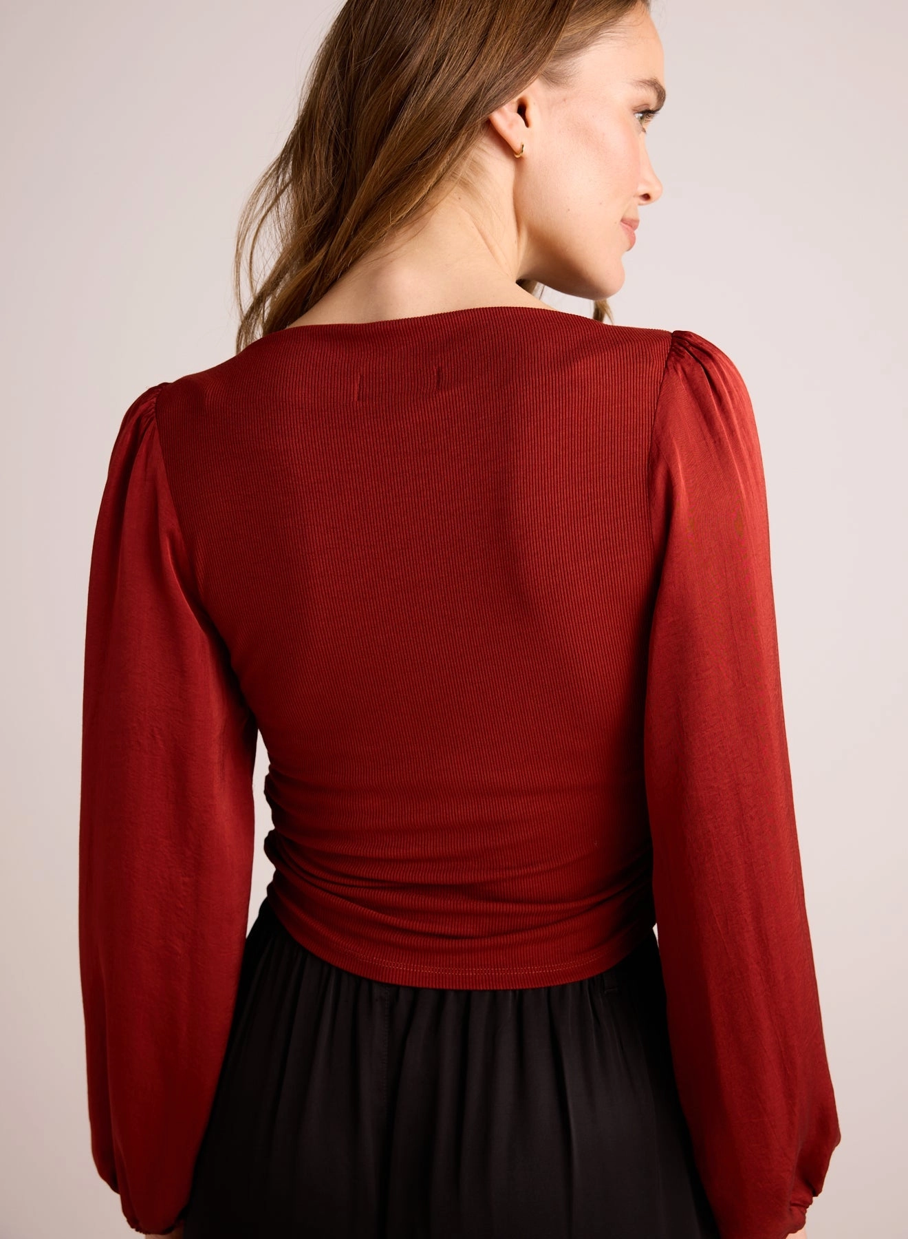 Ruched Waist Flowy Sleeve Top - Rustic Red