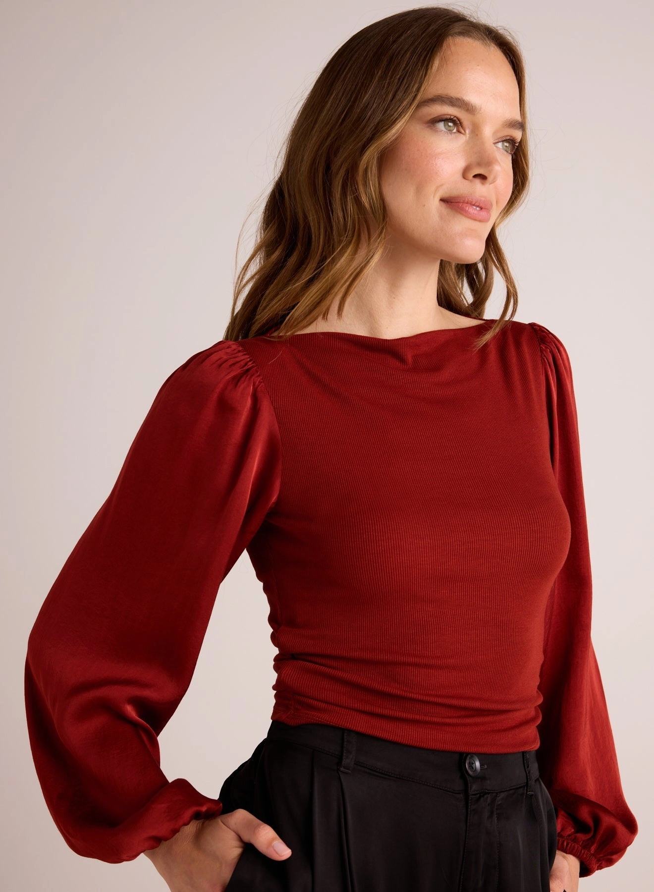 Ruched Waist Flowy Sleeve Top - Rustic Red