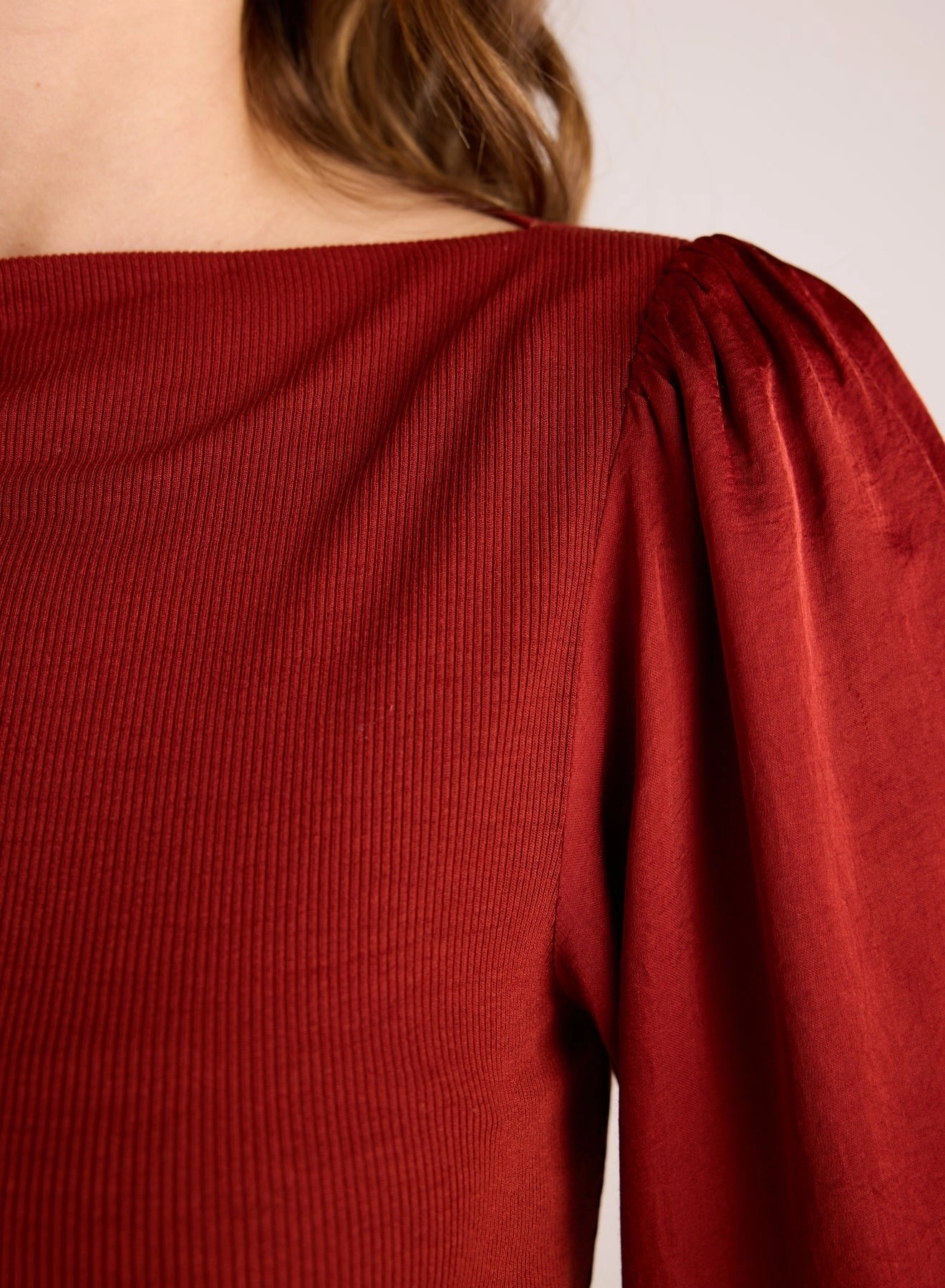 Ruched Waist Flowy Sleeve Top - Rustic Red