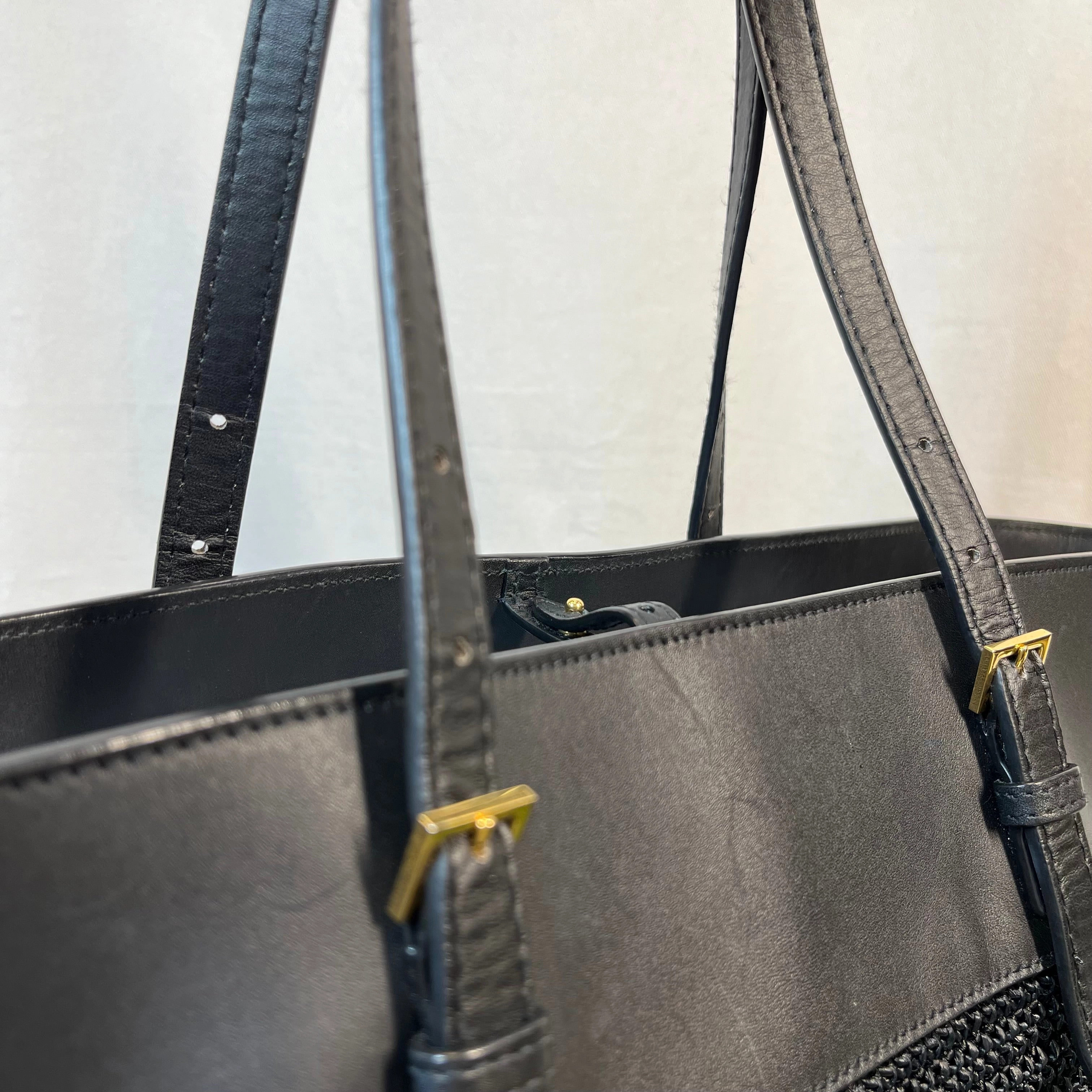 SAINT LAURENT Buckle East West Black Raffia Shooper Tote