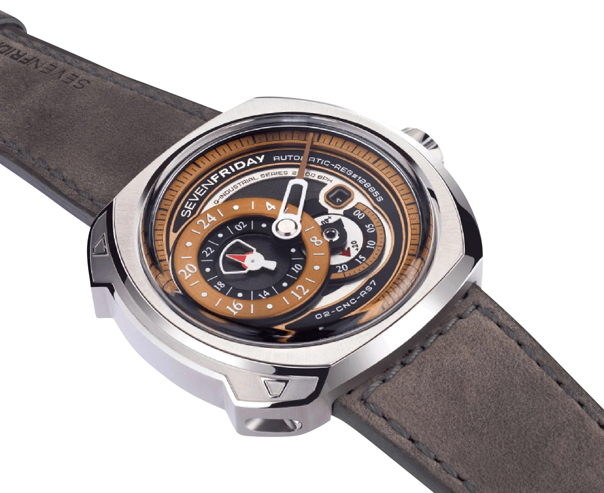 SEVENFRIDAY Q-Series Automatic Stainless Steel Gold/Brown Dial Gray Leather Strap Date Mens Watch Q2/01