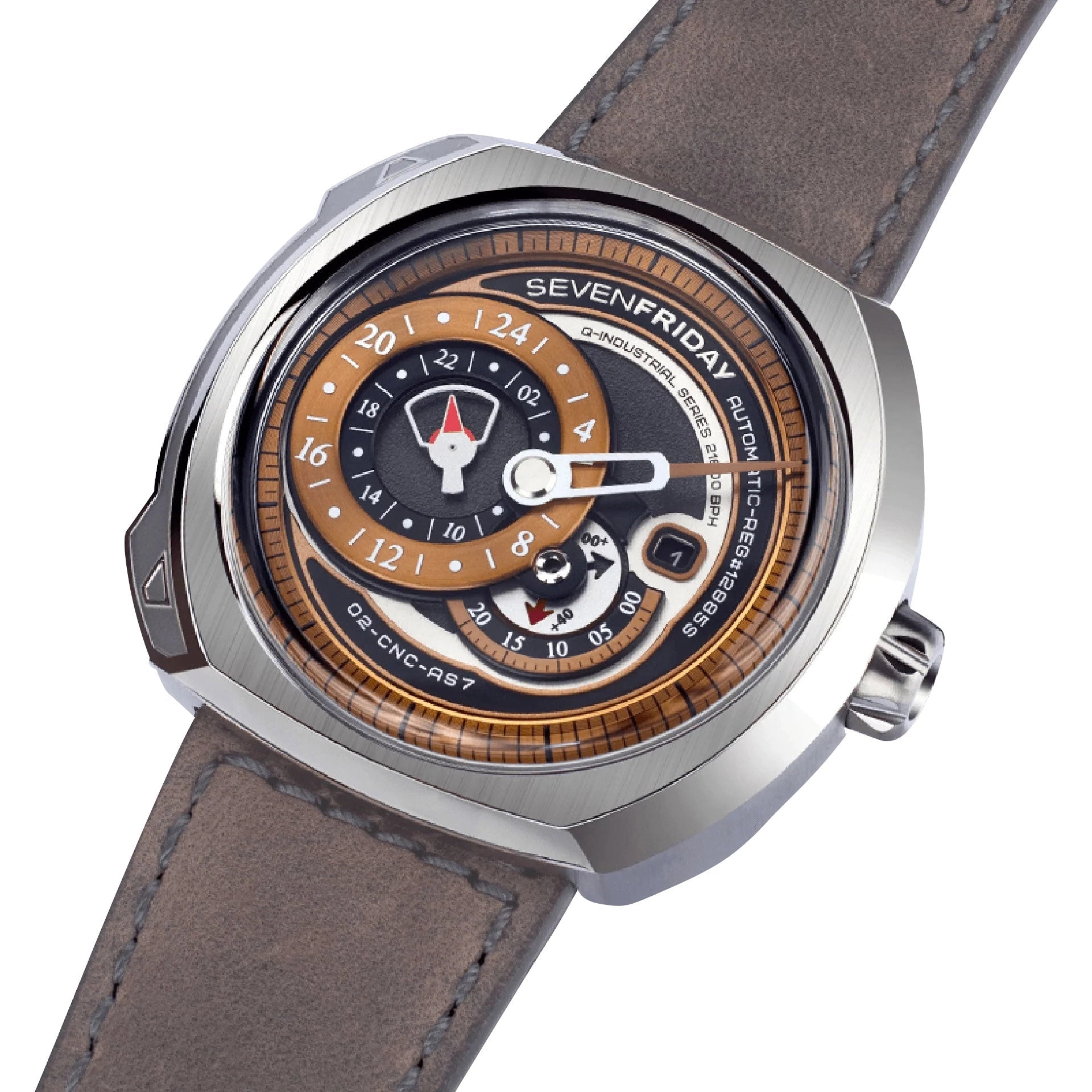 SEVENFRIDAY Q-Series Automatic Stainless Steel Gold/Brown Dial Gray Leather Strap Date Mens Watch Q2/01