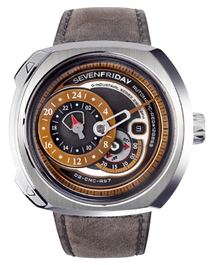 SEVENFRIDAY Q-Series Automatic Stainless Steel Gold/Brown Dial Gray Leather Strap Date Mens Watch Q2/01