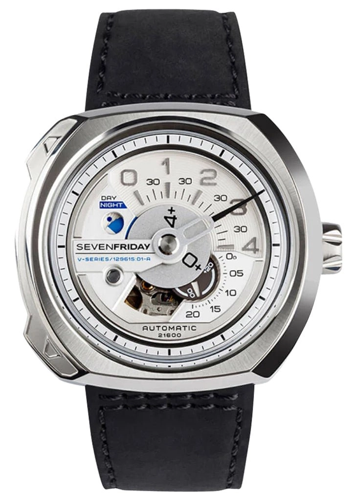 SEVENFRIDAY V-Series Automatic Stainless Steel Silver Dial Black Leather Strap Mens Watch V1/01