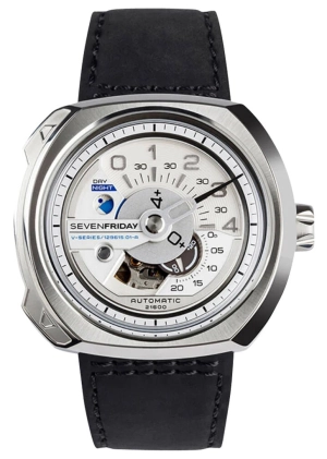SEVENFRIDAY V-Series Automatic Stainless Steel Silver Dial Black Leather Strap Mens Watch V1/01