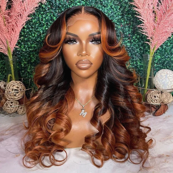Tuneful Glueless Ginger Orange Highlights Colored 13x6 5x5 6x5 Lace Front Closure Body Wave Wig 180% Denisty