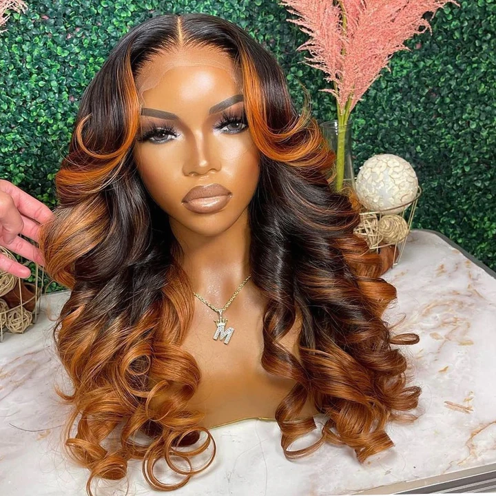 Tuneful Glueless Ginger Orange Highlights Colored 13x6 5x5 6x5 Lace Front Closure Body Wave Wig 180% Denisty