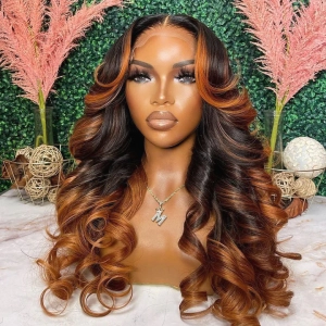 Tuneful Glueless Ginger Orange Highlights Colored 13x6 5x5 6x5 Lace Front Closure Body Wave Wig 180% Denisty