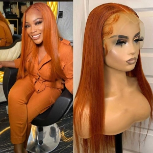 Tuneful Glueless Orange Ginger Colored Straight 13x6 5x5 6x5 Lace Front Closure Human Hair Wigs 180% Density