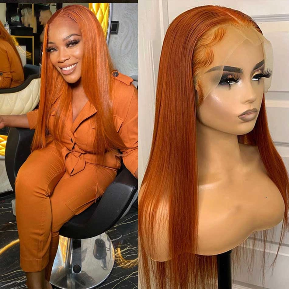 Tuneful Glueless Orange Ginger Colored Straight 13x6 5x5 6x5 Lace Front Closure Human Hair Wigs 180% Density