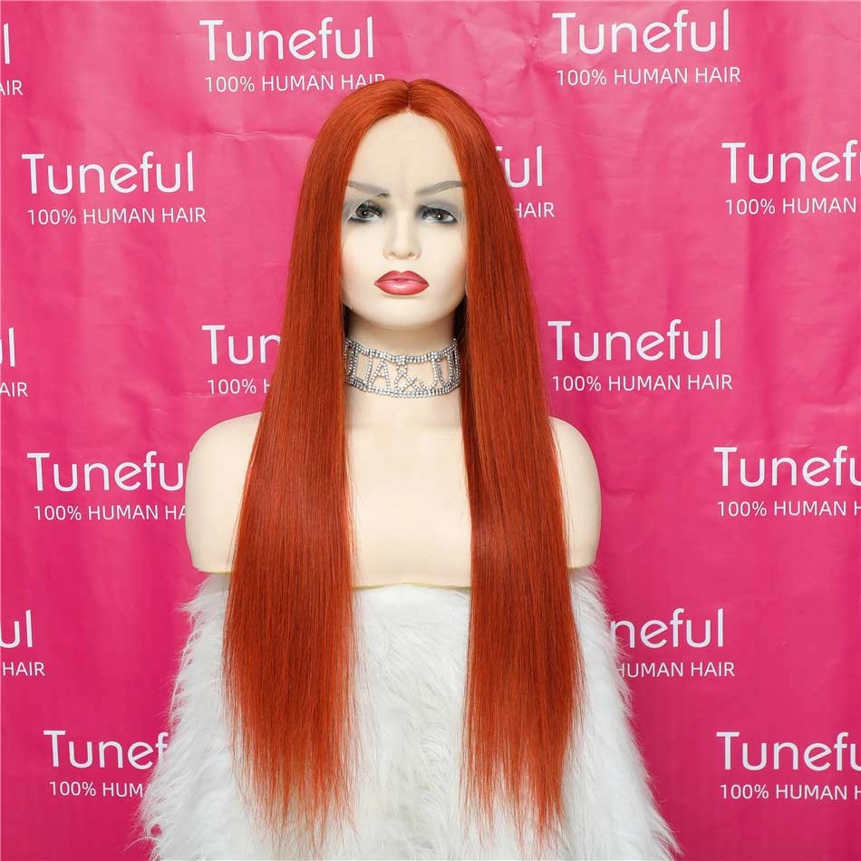 Tuneful Glueless Orange Ginger Colored Straight 13x6 5x5 6x5 Lace Front Closure Human Hair Wigs 180% Density