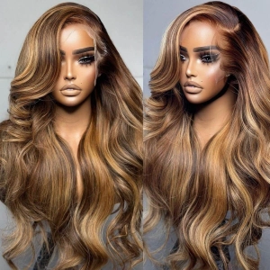 Tuneful Super Deal 4/27 Highlight Body Wave 13x6 Lace Human Hair Frontal Wigs 180% Density