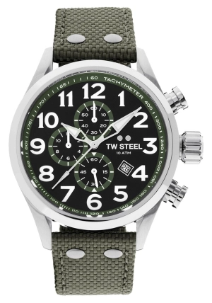 TW Steel Volante Chronograph Stainless Steel Green Textile Strap Black Dial Quartz Date Mens Watch VS23