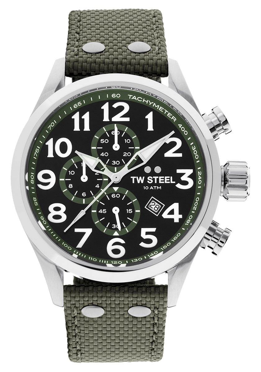 TW Steel Volante Chronograph Stainless Steel Green Textile Strap Black Dial Quartz Date Mens Watch VS23